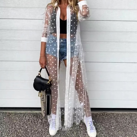Other - White Sheer Polka Dot Collared Long Sleeve Coverup